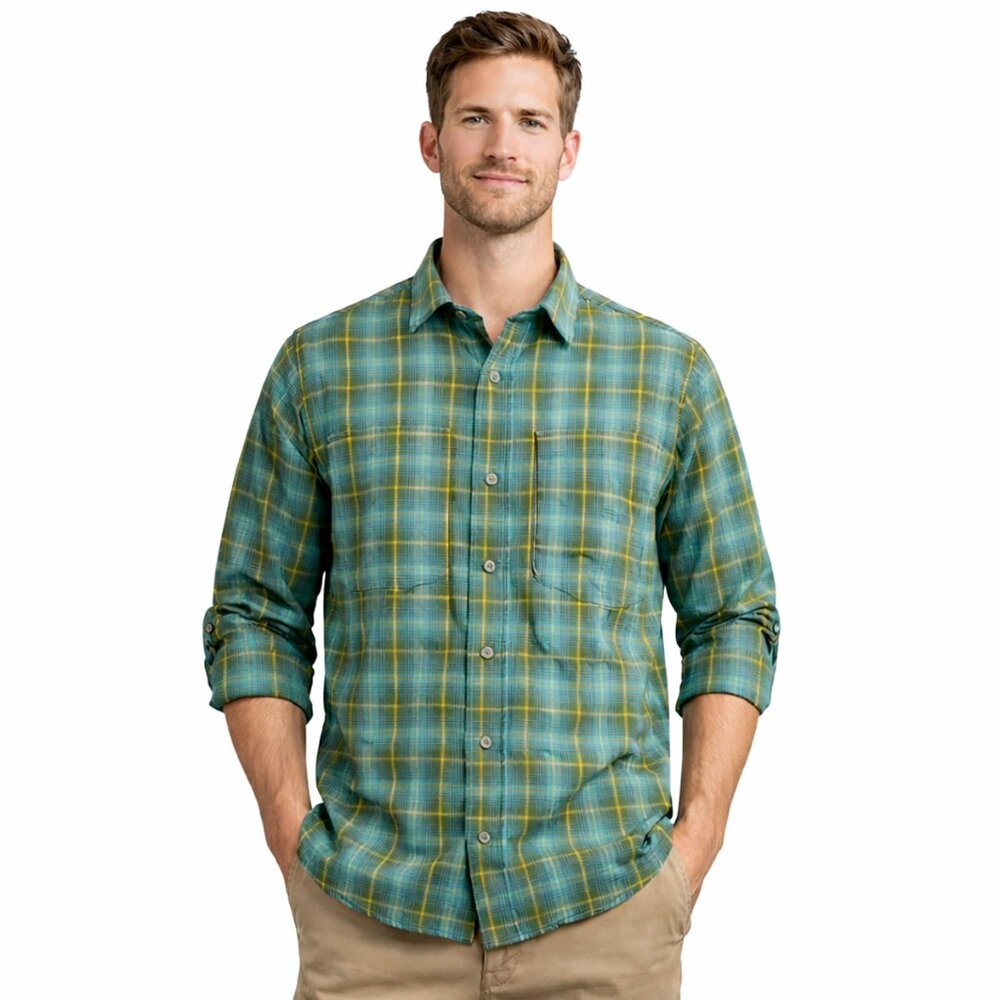 REI Co-op Men’s Green Blue Plaid Button-Down Shirt – Size Medium Tall